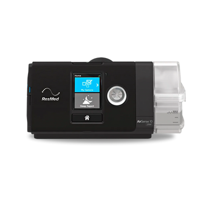 Front view of the ResMed AirSense 10 AutoSet CPAP machine with humidifier