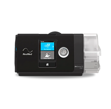 Front view of the ResMed AirSense 10 AutoSet CPAP machine with humidifier