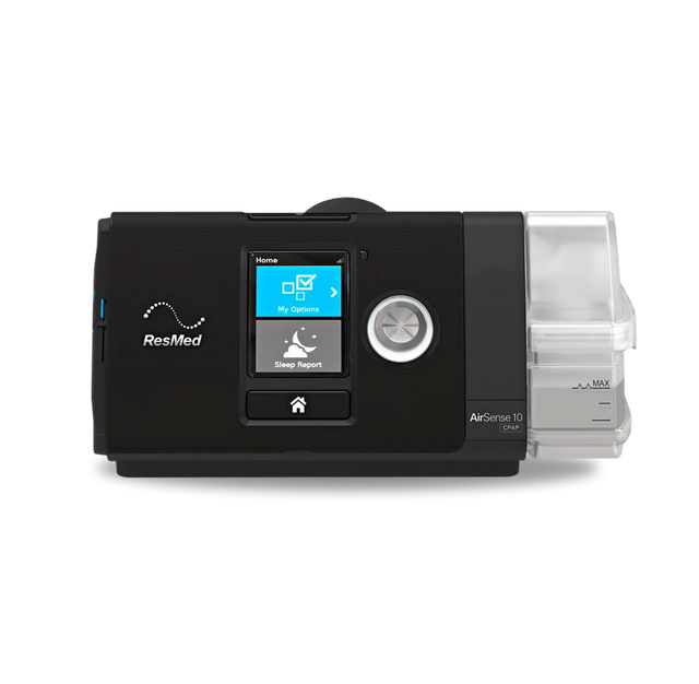 Front view of the ResMed AirSense 10 AutoSet CPAP machine with humidifier