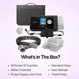 Complete bundle of ResMed AirSense 10 Autoset CPAP machine, featuring Water Chamber, Hose and travel case.