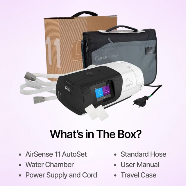 Complete package contents of the ResMed AirSense 11 Autoset CPAP including travel case, water chamber, standard hose and power supply.