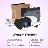 Complete package contents of the ResMed AirSense 11 Autoset CPAP including filters, power supply, hose and travel case.