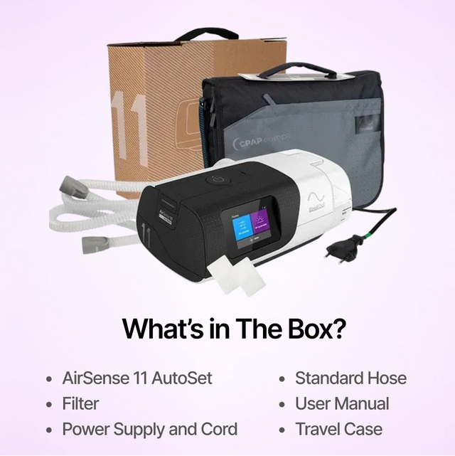 Complete package contents of the ResMed AirSense 11 Autoset CPAP including filters, power supply, hose and travel case.