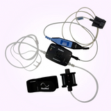 Angled view of ResMed ApneaLink Air Home Sleep Testing Device connected with nasal cannula and pulse oximeter
