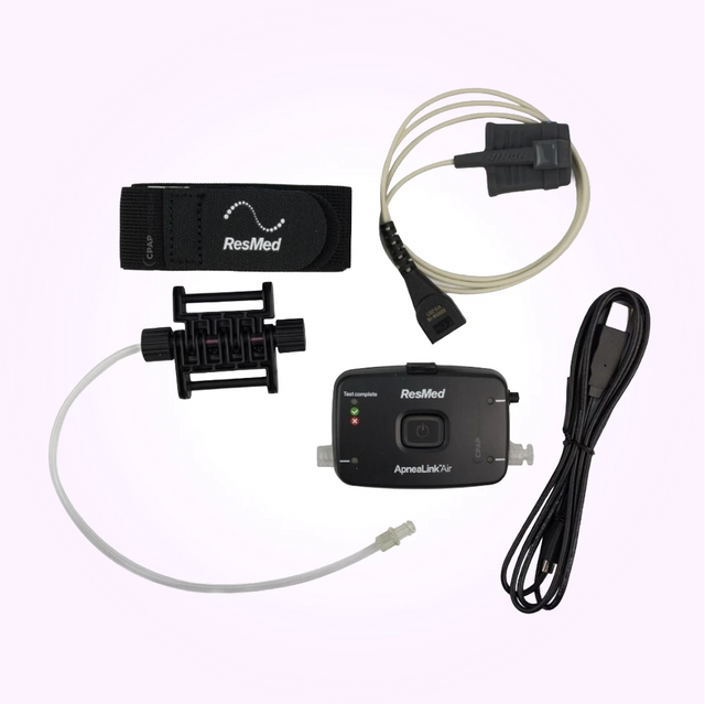 Front view of ResMed ApneaLink Air Home Sleep Testing Device with rest of the parts