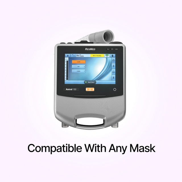 Frontal view of tubing and ResMed Astral 150 Ventilator compatible with any mask