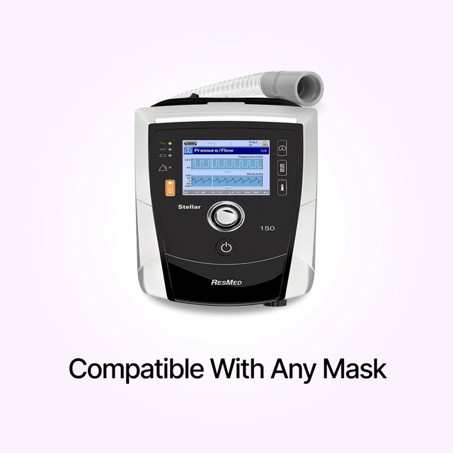 Frontal view of tubing and ResMed Stellar 150 Invasive & Non-invasive Ventilator compatible with any mask