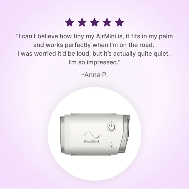 5-star customer review for ResMed Airmini Auto Travel CPAP machine.