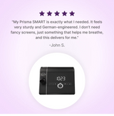 Prisma SMART Auto CPAP Machine with a five-star rating and customer review on a purple background