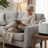 Woman reading a book on a couch with a Philips Oxygenate 5 Home Oxygen Concentrator on a side table.