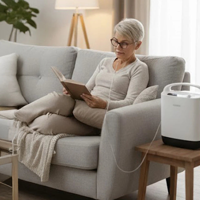 Woman reading a book on a couch with a Philips Oxygenate 5 Home Oxygen Concentrator on a side table.