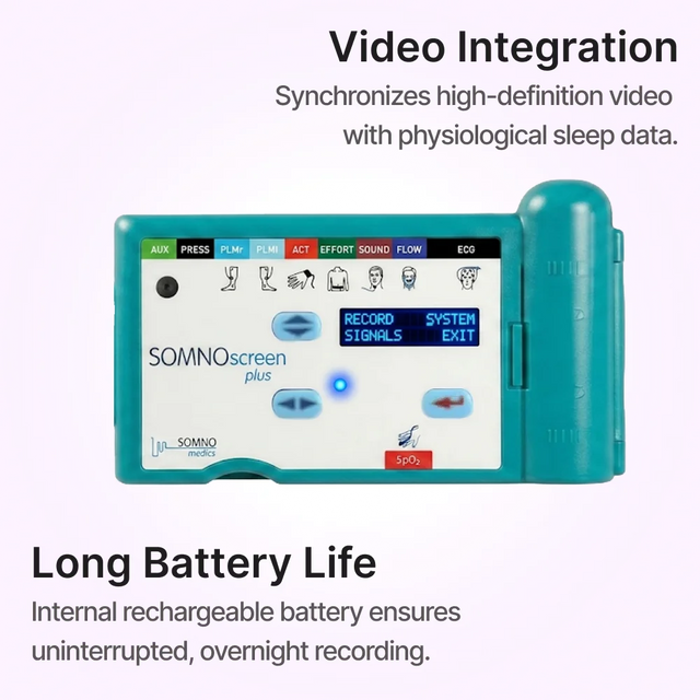 Front view of SOMNOscreen™ Plus polysomnography (PSG) system which has video integration and long battery life