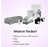 Full package contents of Transcend Auto Travel CPAP Machine containing filter and tubing