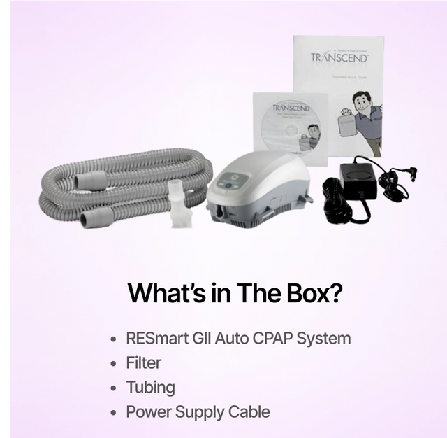 Full package contents of Transcend Auto Travel CPAP Machine containing filter and tubing