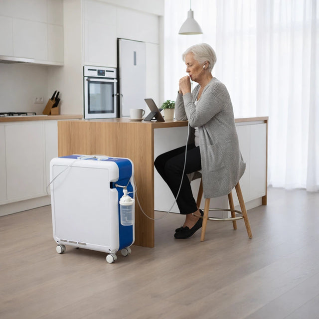 Woman using a Krober 4.0 Oxygen Concentrator in a kitchen.