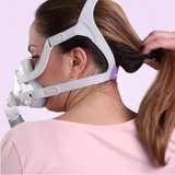 Woman wearing a white ResMed AirFit™ F20 For Her - Full-Face CPAP Mask